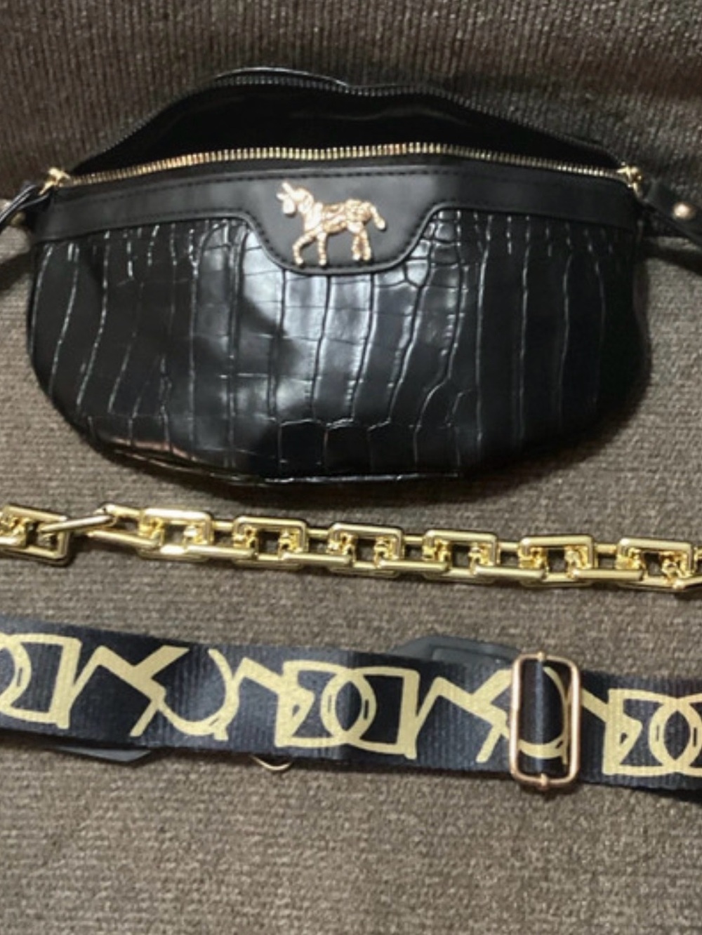 Black Croc-Embossed Leather Crossbody Bag with Gold Horse Accent